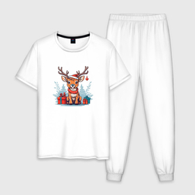 Мужская пижама хлопок с принтом Новогодний олень в зимнем лесу в Новосибирске, 100% хлопок | брюки и футболка прямого кроя, без карманов, на брюках мягкая резинка на поясе и по низу штанин
 | Тематика изображения на принте: 