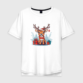 Мужская футболка хлопок Oversize с принтом Новогодний олень в зимнем лесу в Курске, 100% хлопок | свободный крой, круглый ворот, “спинка” длиннее передней части | Тематика изображения на принте: 