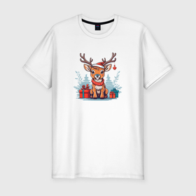 Мужская футболка хлопок Slim с принтом Новогодний олень в зимнем лесу в Новосибирске, 92% хлопок, 8% лайкра | приталенный силуэт, круглый вырез ворота, длина до линии бедра, короткий рукав | Тематика изображения на принте: 