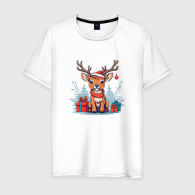 Мужская футболка хлопок с принтом Новогодний олень в зимнем лесу в Курске, 100% хлопок | прямой крой, круглый вырез горловины, длина до линии бедер, слегка спущенное плечо. | 