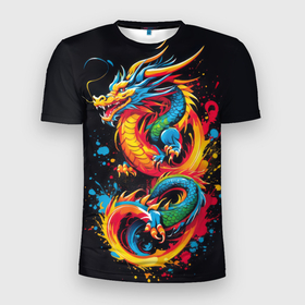 Мужская футболка 3D Slim с принтом Разноцветный символ года  дракон в Тюмени, 100% полиэстер с улучшенными характеристиками | приталенный силуэт, круглая горловина, широкие плечи, сужается к линии бедра | 