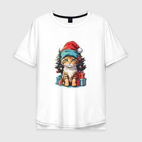 Мужская футболка хлопок Oversize с принтом Кот в новогодней шапке на фоне елки в Екатеринбурге, 100% хлопок | свободный крой, круглый ворот, “спинка” длиннее передней части | 