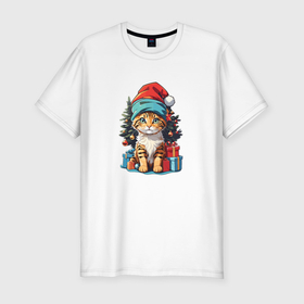 Мужская футболка хлопок Slim с принтом Кот в новогодней шапке на фоне елки в Екатеринбурге, 92% хлопок, 8% лайкра | приталенный силуэт, круглый вырез ворота, длина до линии бедра, короткий рукав | 