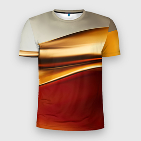 Мужская футболка 3D Slim с принтом Бежевые и золотистые волны в Курске, 100% полиэстер с улучшенными характеристиками | приталенный силуэт, круглая горловина, широкие плечи, сужается к линии бедра | 