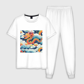 Мужская пижама хлопок с принтом Китайский дракон на цветном фоне , 100% хлопок | брюки и футболка прямого кроя, без карманов, на брюках мягкая резинка на поясе и по низу штанин
 | Тематика изображения на принте: 