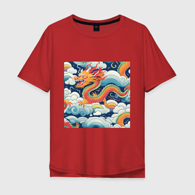 Мужская футболка хлопок Oversize с принтом Китайский дракон на цветном фоне , 100% хлопок | свободный крой, круглый ворот, “спинка” длиннее передней части | Тематика изображения на принте: 