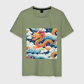 Мужская футболка хлопок с принтом Китайский дракон на цветном фоне , 100% хлопок | прямой крой, круглый вырез горловины, длина до линии бедер, слегка спущенное плечо. | Тематика изображения на принте: 