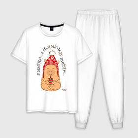 Мужская пижама хлопок с принтом Спокойный капибара: я збагоен в Тюмени, 100% хлопок | брюки и футболка прямого кроя, без карманов, на брюках мягкая резинка на поясе и по низу штанин
 | 