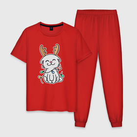 Мужская пижама хлопок с принтом Милый новогодний котик с гирляндой в Кировске, 100% хлопок | брюки и футболка прямого кроя, без карманов, на брюках мягкая резинка на поясе и по низу штанин
 | 