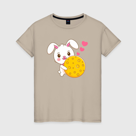 Женская футболка хлопок с принтом Кролик с луной в Екатеринбурге, 100% хлопок | прямой крой, круглый вырез горловины, длина до линии бедер, слегка спущенное плечо | 