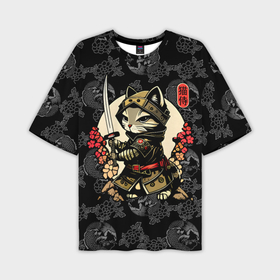 Мужская футболка oversize 3D с принтом Кот   японский самурай в Кировске,  |  | Тематика изображения на принте: 