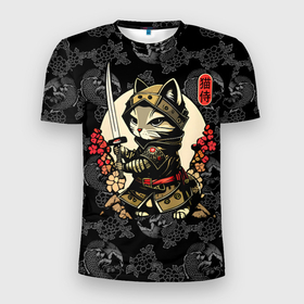 Мужская футболка 3D Slim с принтом Кот   японский самурай в Тюмени, 100% полиэстер с улучшенными характеристиками | приталенный силуэт, круглая горловина, широкие плечи, сужается к линии бедра | 