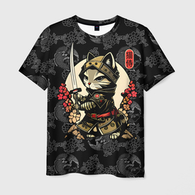 Мужская футболка 3D с принтом Кот   японский самурай в Екатеринбурге, 100% полиэфир | прямой крой, круглый вырез горловины, длина до линии бедер | 