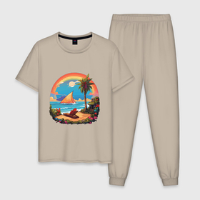 Мужская пижама хлопок с принтом Тропический бриз в Санкт-Петербурге, 100% хлопок | брюки и футболка прямого кроя, без карманов, на брюках мягкая резинка на поясе и по низу штанин
 | 