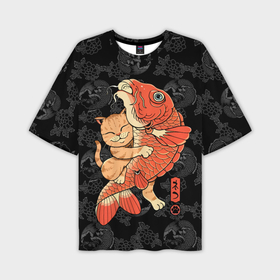 Мужская футболка oversize 3D с принтом Японский кот рыбак в Кировске,  |  | 
