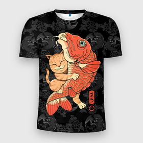Мужская футболка 3D Slim с принтом Японский кот рыбак в Кировске, 100% полиэстер с улучшенными характеристиками | приталенный силуэт, круглая горловина, широкие плечи, сужается к линии бедра | 