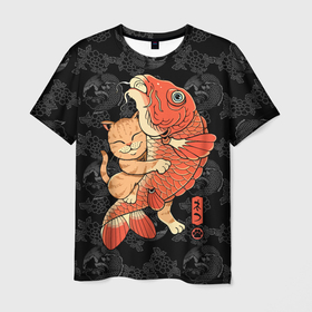 Мужская футболка 3D с принтом Японский кот рыбак в Кировске, 100% полиэфир | прямой крой, круглый вырез горловины, длина до линии бедер | 