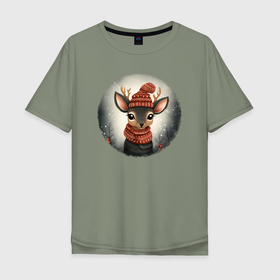 Мужская футболка хлопок Oversize с принтом Олень в красной шапочке в Курске, 100% хлопок | свободный крой, круглый ворот, “спинка” длиннее передней части | Тематика изображения на принте: 