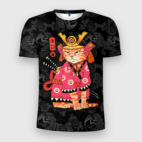Мужская футболка 3D Slim с принтом Кот самурай в розовом кимоно в Тюмени, 100% полиэстер с улучшенными характеристиками | приталенный силуэт, круглая горловина, широкие плечи, сужается к линии бедра | Тематика изображения на принте: 