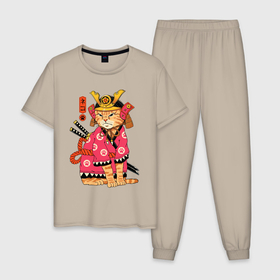 Мужская пижама хлопок с принтом Японский кот самурай в кимоно в Екатеринбурге, 100% хлопок | брюки и футболка прямого кроя, без карманов, на брюках мягкая резинка на поясе и по низу штанин
 | Тематика изображения на принте: 
