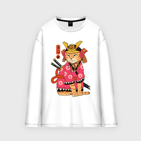 Мужской лонгслив oversize хлопок с принтом Японский кот самурай в кимоно в Санкт-Петербурге,  |  | Тематика изображения на принте: 
