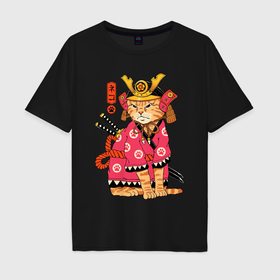 Мужская футболка хлопок Oversize с принтом Японский кот самурай в кимоно в Санкт-Петербурге, 100% хлопок | свободный крой, круглый ворот, “спинка” длиннее передней части | 