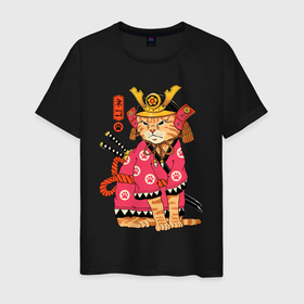 Мужская футболка хлопок с принтом Японский кот самурай в кимоно в Кировске, 100% хлопок | прямой крой, круглый вырез горловины, длина до линии бедер, слегка спущенное плечо. | Тематика изображения на принте: 