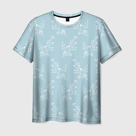Мужская футболка 3D с принтом Белые зимние веточки на голубом фоне в Белгороде, 100% полиэфир | прямой крой, круглый вырез горловины, длина до линии бедер | 