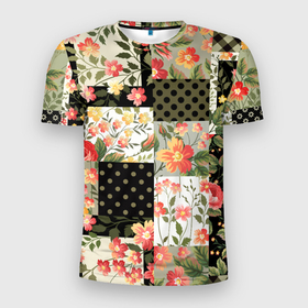Мужская футболка 3D Slim с принтом Лоскутный коллаж с цветами в Кировске, 100% полиэстер с улучшенными характеристиками | приталенный силуэт, круглая горловина, широкие плечи, сужается к линии бедра | 