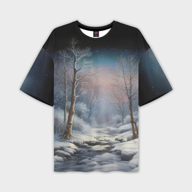 Мужская футболка oversize 3D с принтом Ночь в зимнем лесу в Тюмени,  |  | Тематика изображения на принте: 
