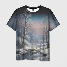Мужская футболка 3D с принтом Ночь в зимнем лесу в Тюмени, 100% полиэфир | прямой крой, круглый вырез горловины, длина до линии бедер | Тематика изображения на принте: 