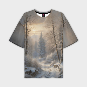 Мужская футболка oversize 3D с принтом Дорожка через зимний  лес в Тюмени,  |  | Тематика изображения на принте: 