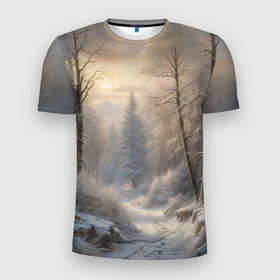 Мужская футболка 3D Slim с принтом Дорожка через зимний  лес в Тюмени, 100% полиэстер с улучшенными характеристиками | приталенный силуэт, круглая горловина, широкие плечи, сужается к линии бедра | Тематика изображения на принте: 