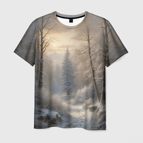 Мужская футболка 3D с принтом Дорожка через зимний  лес в Санкт-Петербурге, 100% полиэфир | прямой крой, круглый вырез горловины, длина до линии бедер | 