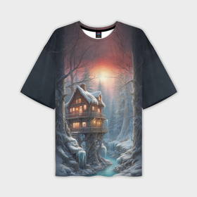 Мужская футболка oversize 3D с принтом Сказочный домик в зимнем лесу в Тюмени,  |  | Тематика изображения на принте: 