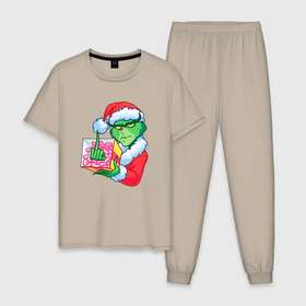 Мужская пижама хлопок с принтом Гринч без подарка в Петрозаводске, 100% хлопок | брюки и футболка прямого кроя, без карманов, на брюках мягкая резинка на поясе и по низу штанин
 | 