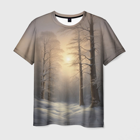 Мужская футболка 3D с принтом Cолнцестояние в зимнем лесу в Тюмени, 100% полиэфир | прямой крой, круглый вырез горловины, длина до линии бедер | Тематика изображения на принте: 