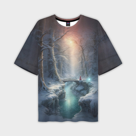 Мужская футболка oversize 3D с принтом Мостик в зимнем лесу в Тюмени,  |  | Тематика изображения на принте: 