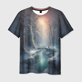 Мужская футболка 3D с принтом Мостик в зимнем лесу в Тюмени, 100% полиэфир | прямой крой, круглый вырез горловины, длина до линии бедер | Тематика изображения на принте: 