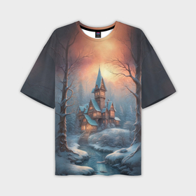 Мужская футболка oversize 3D с принтом Домик с башней в зимнем лесу в Тюмени,  |  | Тематика изображения на принте: 