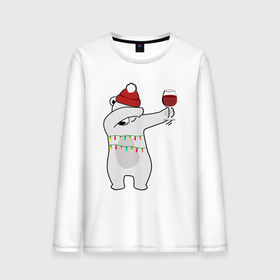 Мужской лонгслив хлопок с принтом Новогодний мишка с бокалом вина , 100% хлопок |  | Тематика изображения на принте: 