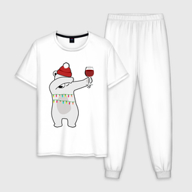 Мужская пижама хлопок с принтом Новогодний мишка с бокалом вина , 100% хлопок | брюки и футболка прямого кроя, без карманов, на брюках мягкая резинка на поясе и по низу штанин
 | Тематика изображения на принте: 