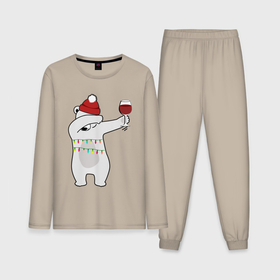 Мужская пижама с лонгсливом хлопок с принтом Новогодний мишка с бокалом вина ,  |  | Тематика изображения на принте: 