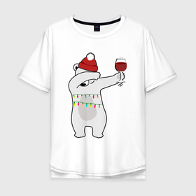 Мужская футболка хлопок Oversize с принтом Новогодний мишка с бокалом вина в Петрозаводске, 100% хлопок | свободный крой, круглый ворот, “спинка” длиннее передней части | Тематика изображения на принте: 