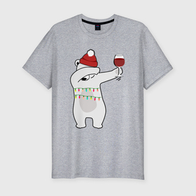 Мужская футболка хлопок Slim с принтом Новогодний мишка с бокалом вина в Петрозаводске, 92% хлопок, 8% лайкра | приталенный силуэт, круглый вырез ворота, длина до линии бедра, короткий рукав | Тематика изображения на принте: 