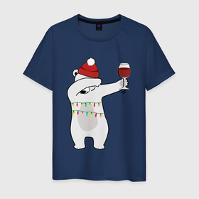 Мужская футболка хлопок с принтом Новогодний мишка с бокалом вина , 100% хлопок | прямой крой, круглый вырез горловины, длина до линии бедер, слегка спущенное плечо. | Тематика изображения на принте: 