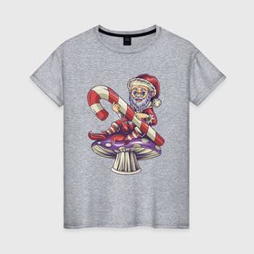 Женская футболка хлопок с принтом Санта на грибке в Курске, 100% хлопок | прямой крой, круглый вырез горловины, длина до линии бедер, слегка спущенное плечо | 
