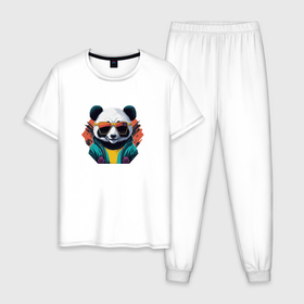 Мужская пижама хлопок с принтом Стильная панда в очках в Новосибирске, 100% хлопок | брюки и футболка прямого кроя, без карманов, на брюках мягкая резинка на поясе и по низу штанин
 | 