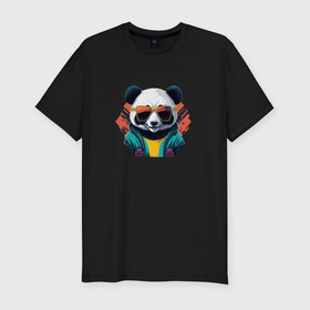 Мужская футболка хлопок Slim с принтом Стильная панда в очках в Курске, 92% хлопок, 8% лайкра | приталенный силуэт, круглый вырез ворота, длина до линии бедра, короткий рукав | 
