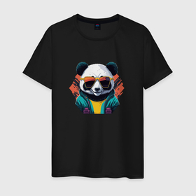 Мужская футболка хлопок с принтом Стильная панда в очках в Петрозаводске, 100% хлопок | прямой крой, круглый вырез горловины, длина до линии бедер, слегка спущенное плечо. | 